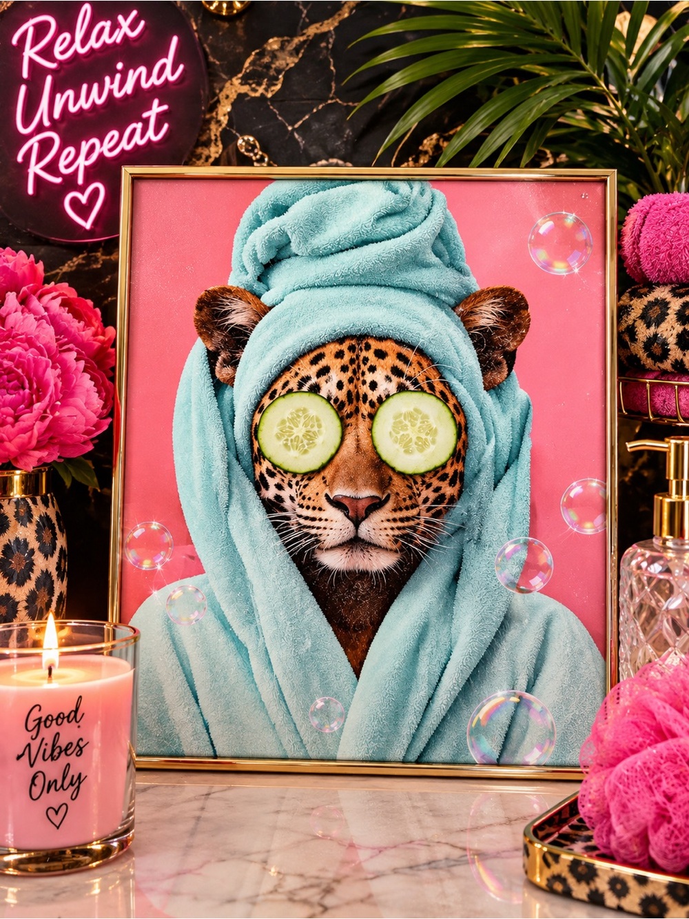 Leopard Spa Portrait Canvas Wall Art - Aqua & Pink